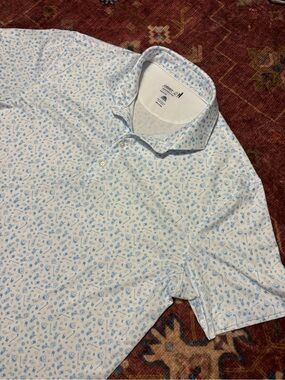 johnnie-O Performance Men's Polo Shirt White Blue cocktail Print Short Sleeve M